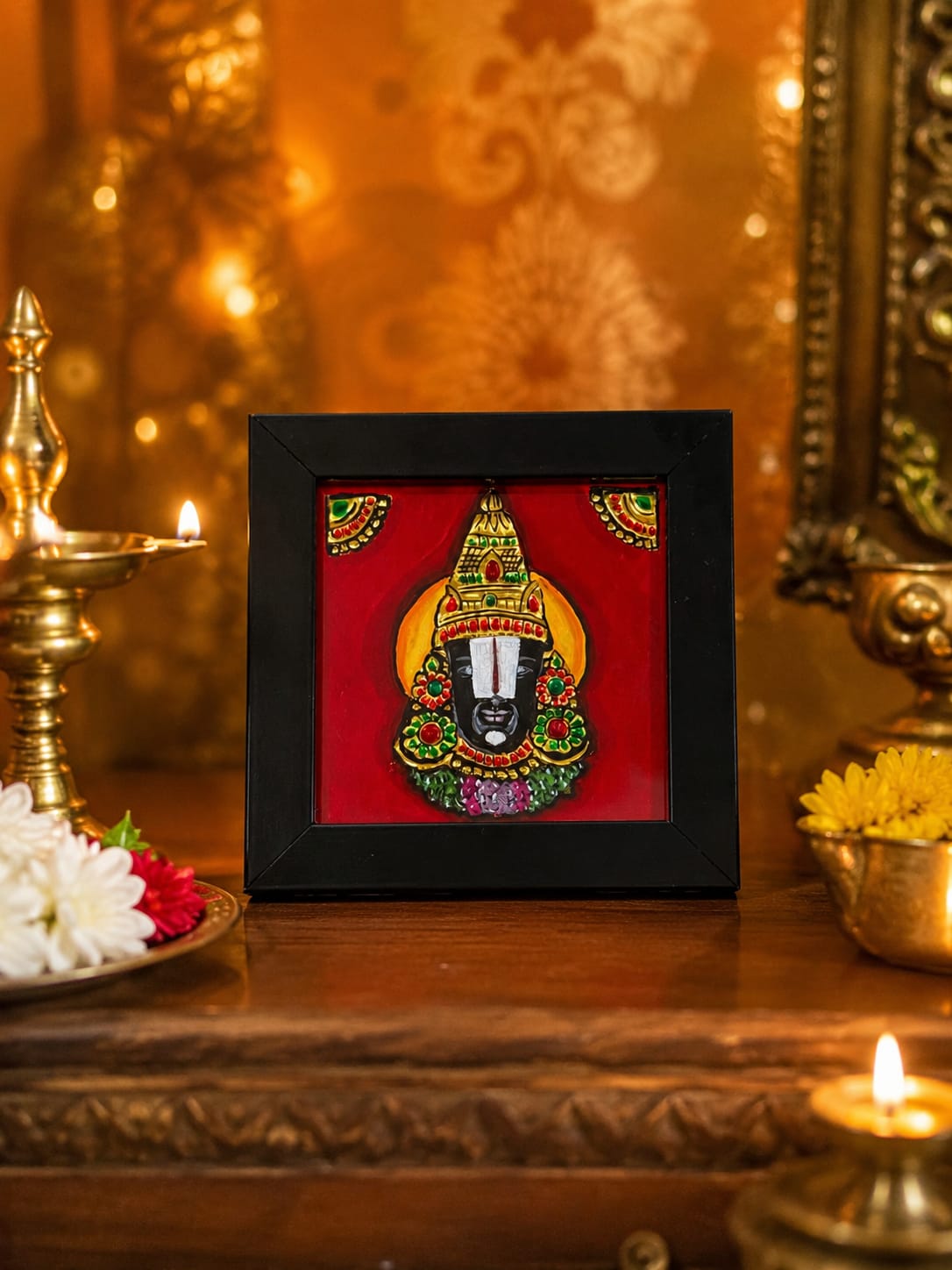 Mini Tanjore Painting of Lord Venkateswara | Handcrafted Framed Tanjore Art