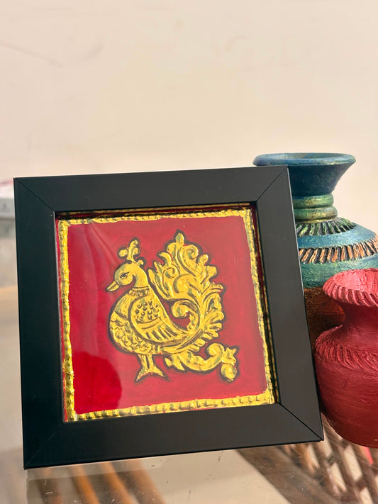 Mini Tanjore Peacock Tabletop Art – Handcrafted Traditional Indian Décor